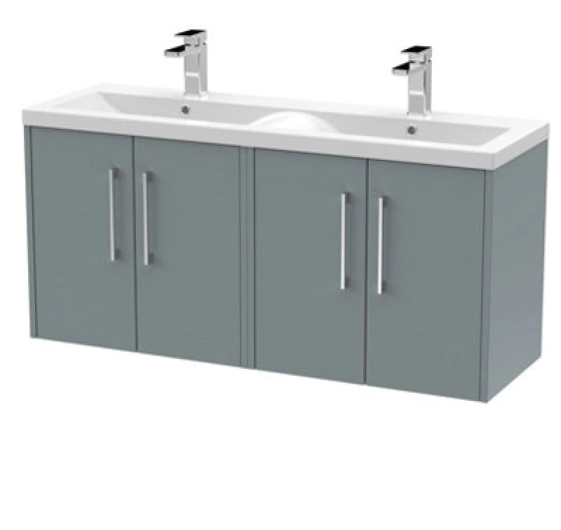 Image of Hudson Reed Fluted Wall Hung 4-Door Vanity And Double Vitreous China Basin, Contemporary Sink Vanity Unit, Coastal Greymm