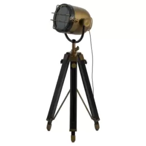 Image of Brass And Black Industrial Spotlight Tripod Lamp