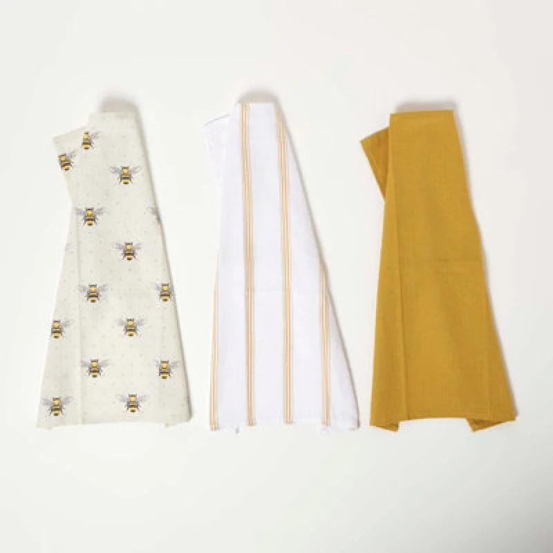 Image of Homescapes Yellow Honey Bee 100% Cotton Tea Towels Set Of Three