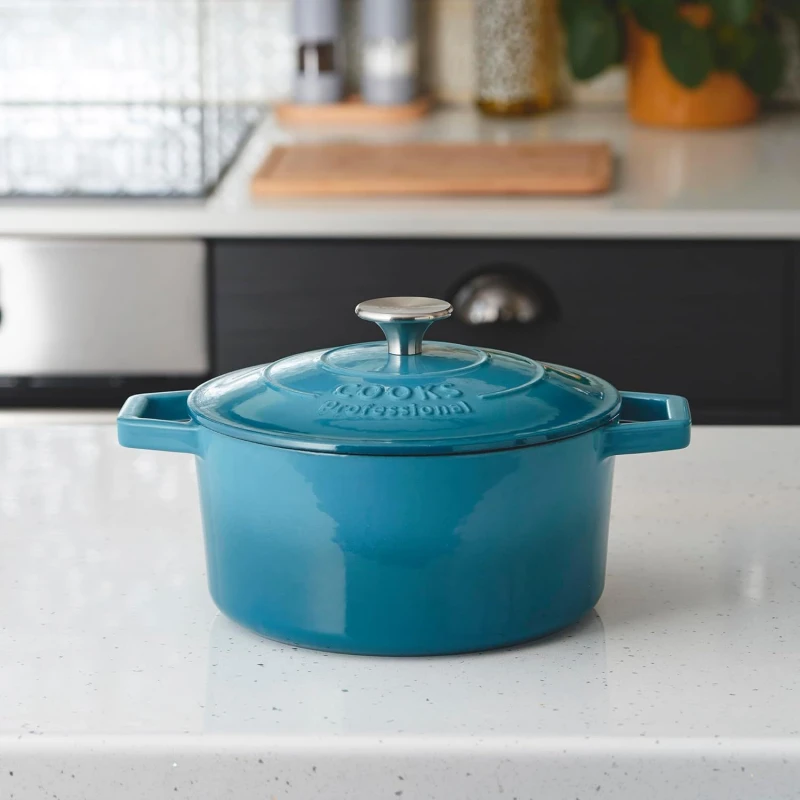 Image of Cooks Professional Cast Iron Casserole Dish 26cm Oven Proof Enamelled Pan with Lid in Teal Teal Unisex
