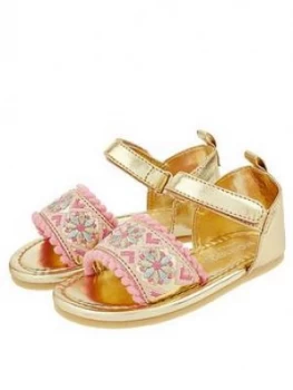 Image of Monsoon Baby Girls Emily Embroidered Walker Sandal - Gold, Size 2 Younger