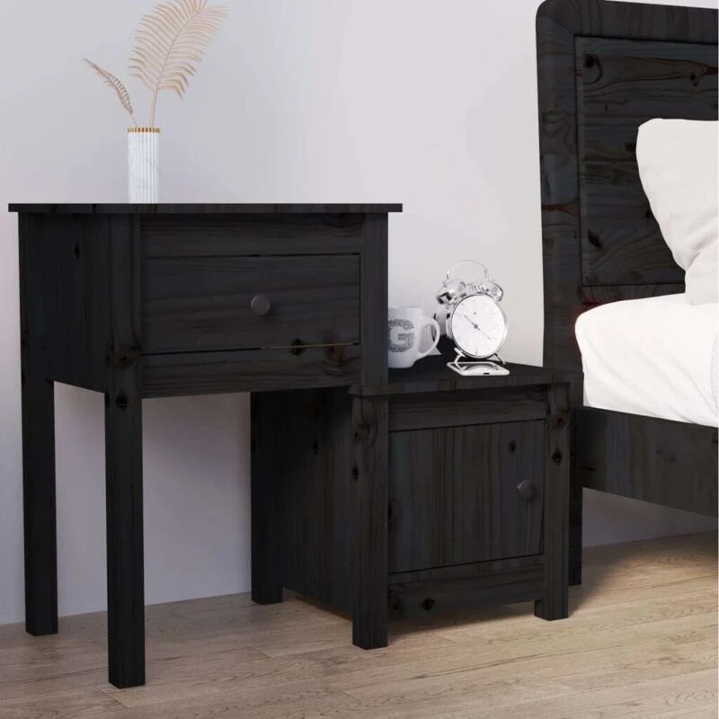 Image of Vidaxl Bedside Cabinet Black 79.5X38X65.5cm Solid Wood Pine, Black 814547