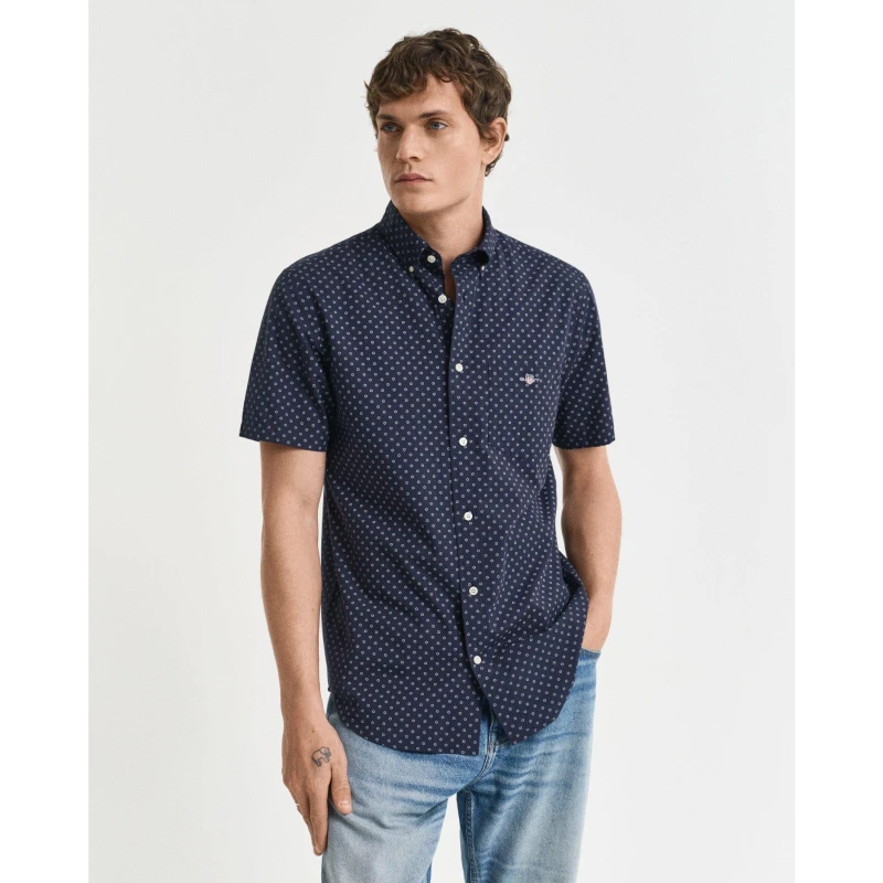 Image of Gant Mens Micro Print Short Sleeve Shirt Evening Blue male S