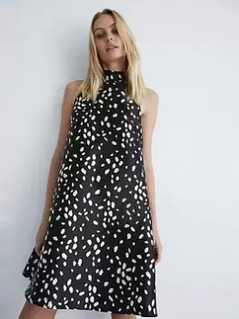 Image of Warehouse Dalmatian Print Satin Bow Back Mini Dress - Black, Size 10, Women