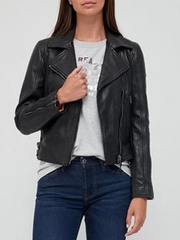 Image of Superdry Classic Leather Biker Jacket - Black, Size 12, Women