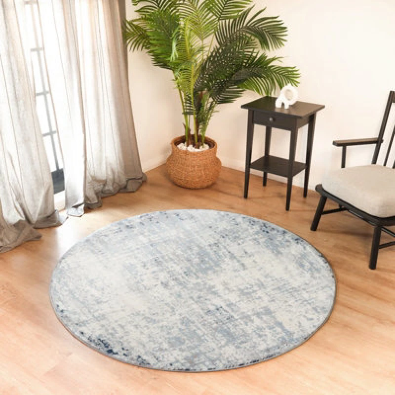 Image of Livabliss Round Abstract Modern Marble Dark Blue Alix Area Rug 160 X 160 Cm - Easy Care, Non Shedding, Ideal For Living Room & Bedroom