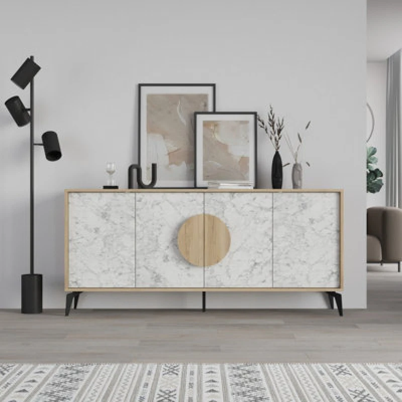 Image of Decortie Gora Oak, White Marble Effect Particleboard 4 Door Sideboard With Metal Legs (W) 180Cm