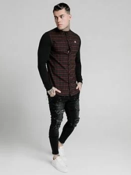 Image of SikSilk Long Sleeve Flannel Check Granddad Shirt - Burgundy