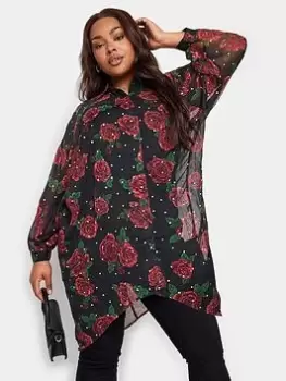 Image of Yours Extreme Dip Back Rose Print Shirt - Black, Size 34-36, Women