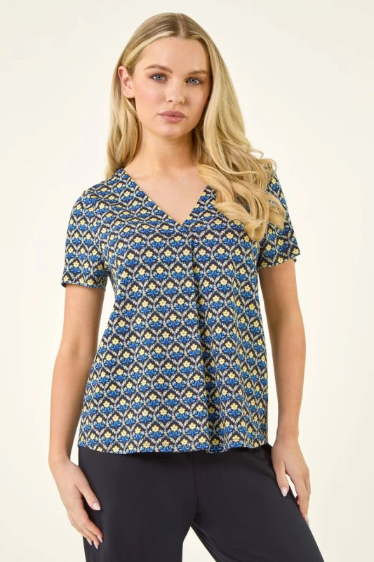 Image of Roman Womens Petite Abstract V-Neck Stretch Top in Navy Size: 16 Navy Female 16