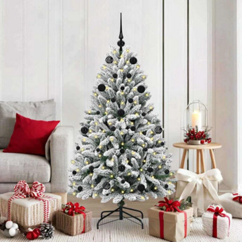 Image of vidaXL Artificial Christmas Tree with Black Balls Green and White 150cm PVC and Metal, Green 3395740