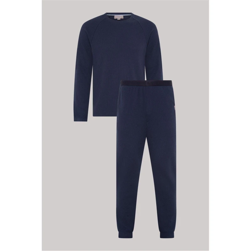 Image of Ted Baker Waffle Long Sleeve Top and Jogger Set Navy male S (2)