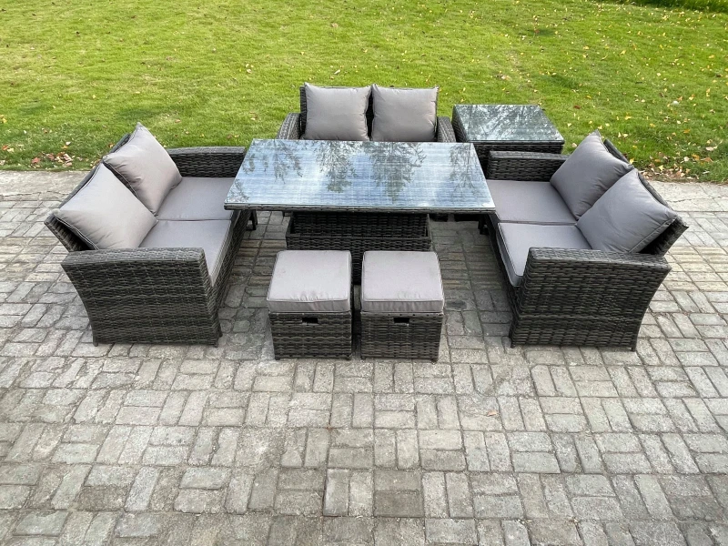Image of Fimous 7 pieces Outdoor Lounge Sofa Set Wicker PE Rattan Garden Furniture Set with Rising Lifting Table Double Seat Sofa Side Table in Dark Grey Dark