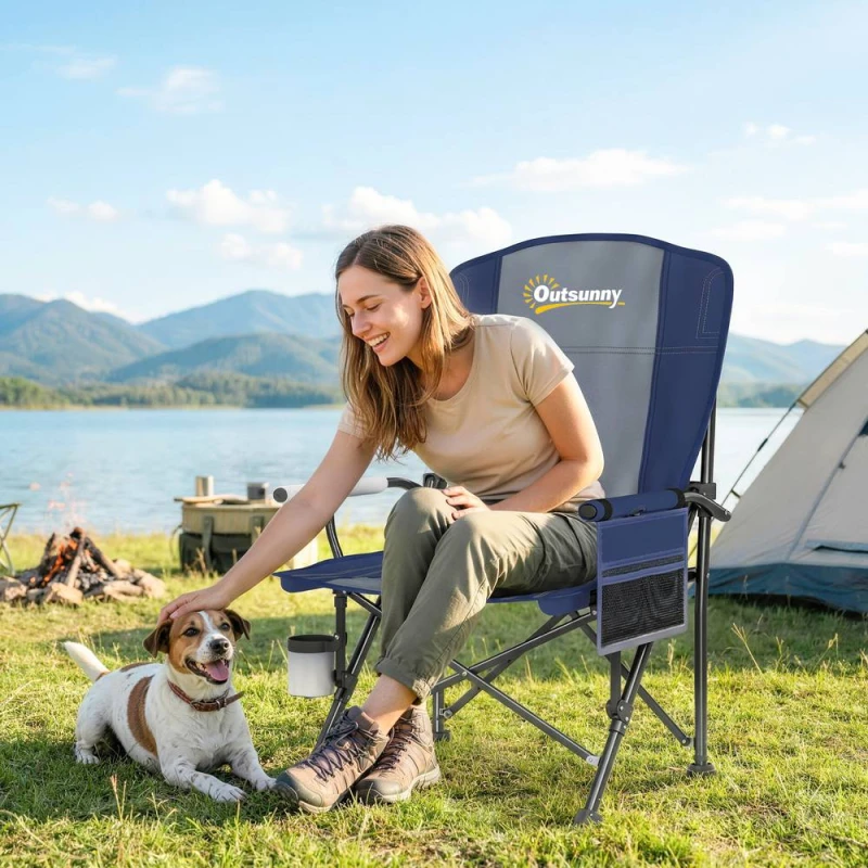 Image of OUTSUNNY Camping Chair Padded with Side Pocket in Dark Blue Dark Blue Unisex