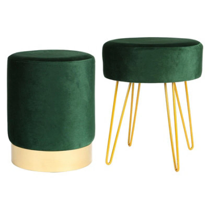 Image of Harbour Housewares 2 Piece Velvet Footstools Set - Green - Round Luxe Living Room Bedroom Dressing Table Accent Pouffe