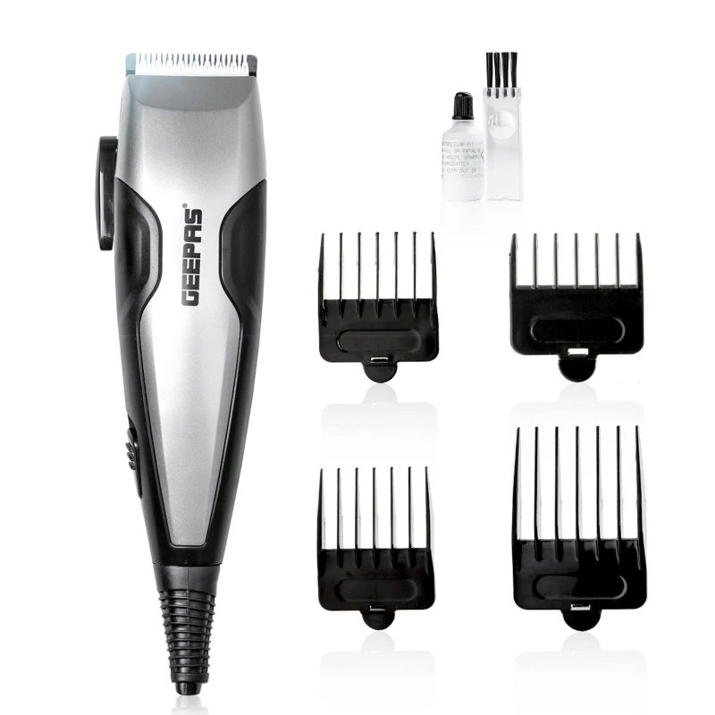 Image of Geepas Electric Hair Clipper AC Mains Clipper/Trimmer Precision Ceramic Blades 4 Combs Silver