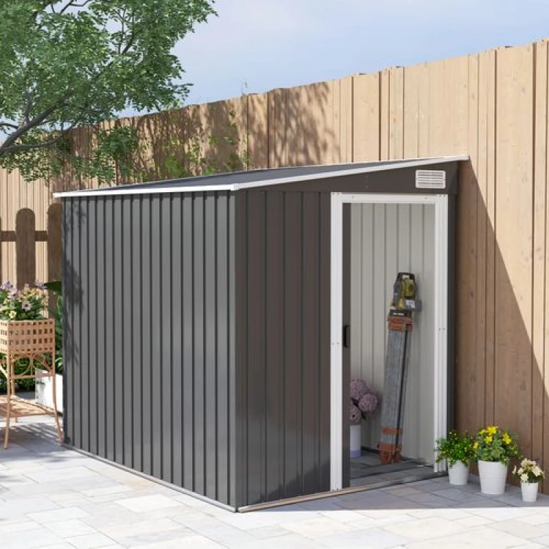 Image of Outsunny 7 x 5FT Garden Shed w/ Foundation Lean to Metal Tool Shed Dark Grey TJ Hughes 5063603015524