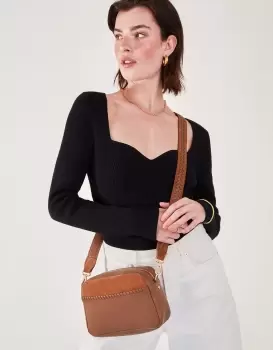 Image of Accessorize Womens Leather Stitch Detail Camera Bag Tan, Size: 22x15cm