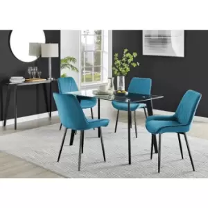 Image of Furniturebox Malmo Rectangular Glass and Black Wooden Leg Modern Industrial Dining Table & 4 Blue Pesaro Black Leg Velvet Chairs