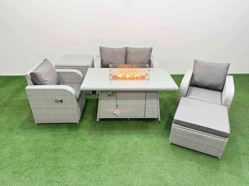 Image of Fimous Light Grey PE Wicker Rattan Garden Furniture Set Sofa Set Reclining Chair Firepit Dining Table 5 Seater With Footstool Side Table Light Grey