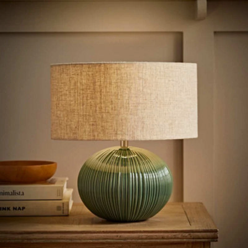Image of ValueLights ValueLights Rebecca Green Ribbed Ceramic Table Lamp with Linen Drum Lamp Shade in Dark Green Dark Green One Size Unisex 5016529274445