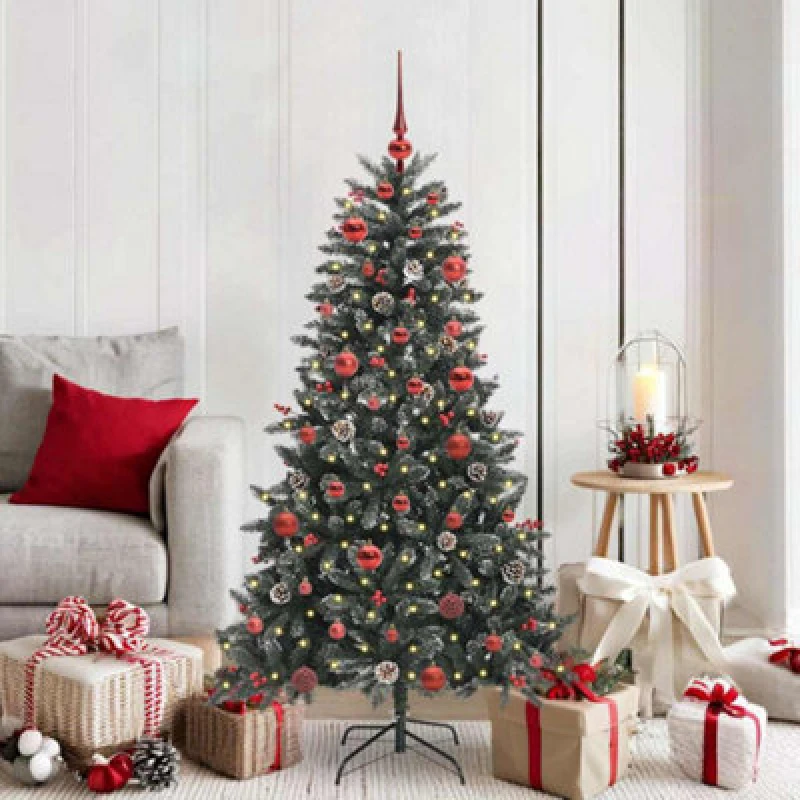 Image of vidaXL Artificial Christmas Tree with Stand, Red Balls Green 83.5 x 83.5 x 150 cm, Green 3395868