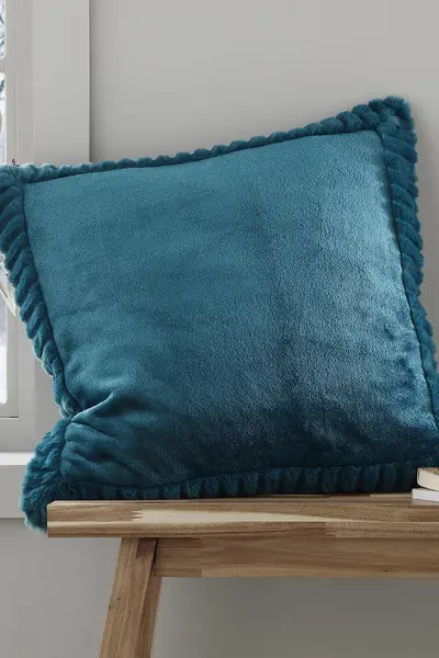 Image of Catherine Lansfield 'Velvet and Faux Fur' 55x55cm Cushion Teal