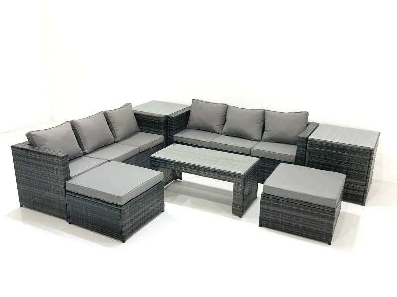 Image of Fimous Garden Outdoor Rattan Furniture Set with Sofa Coffee table 2 Big Footstools 2 Side Tables Dark Grey Mixed Dark Grey