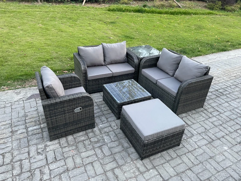 Image of Fimous 6 Piece Garden Furniture Sets 6 Seater Outdoor Patio Furniture Set Weaving Wicker Rattan Sofa Chair and Table with Big Footstool Side Table Dar