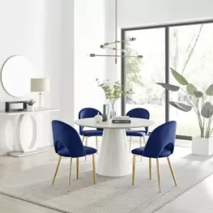 Image of Furniturebox UK - Furniturebox Palma Beige Stone Effect Round Dining Table & 4 Blue Arlon Velvet Dining Chairs With Gold Legs