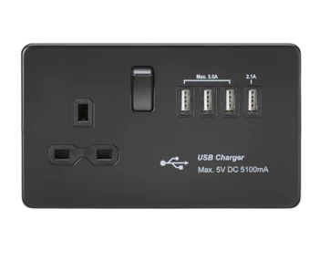 Image of KnightsBridge Screwless 13A switched socket with quad USB charger (5.1A) - Matt Black
