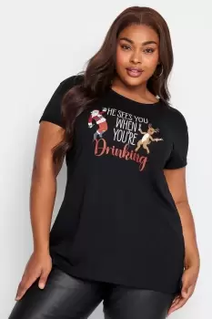 Image of 'He See's You When You're Drinking' Christmas T-Shirt