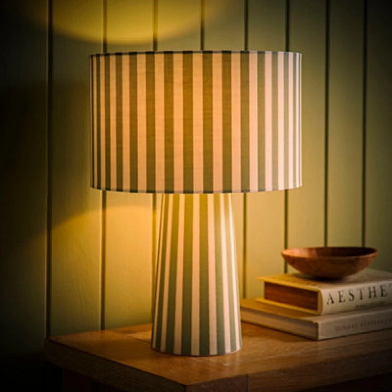 Image of ValueLights ValueLights Thorley Green Cream Stripe Shade Full Fabric Table Lamp with Bulb in Pale Green Pale Green One Size Unisex 5059406066092