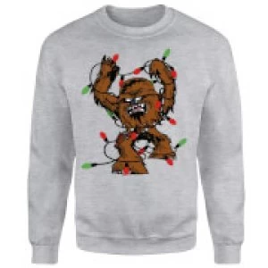 Image of Star Wars Tangled Fairy Lights Chewbacca Grey Christmas Sweatshirt - S - Grey