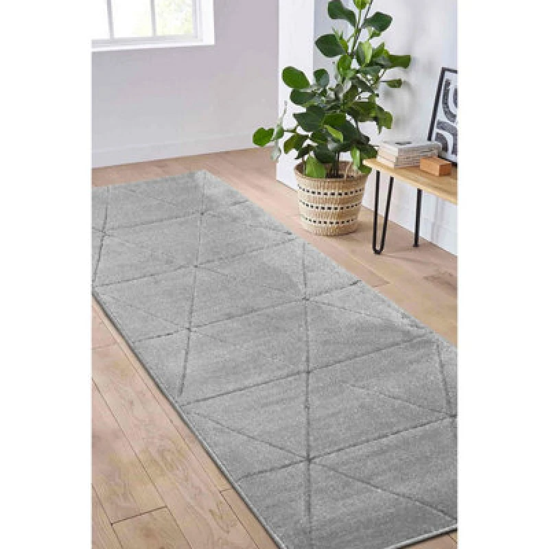Image of Melrose Solid Grey Lines Design Indoor Medium Area Runner Rug 12mm Pile Height 060/200Cm