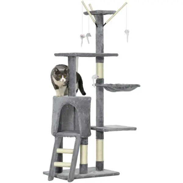 Image of PawHut Cat Tree Kitty Activity Centre Scratching Post With Toys 5-tier Grey - Grey - Pawhut 5056725355357