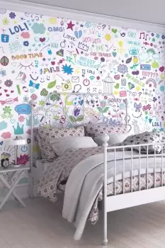 Image of Social Doodle Text Purple Matt Smooth Paste the Wall Mural 300cm wide x 240cm high