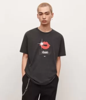 Image of AllSaints Mens Kiss Crew T-Shirt, Washed Black, Size: M