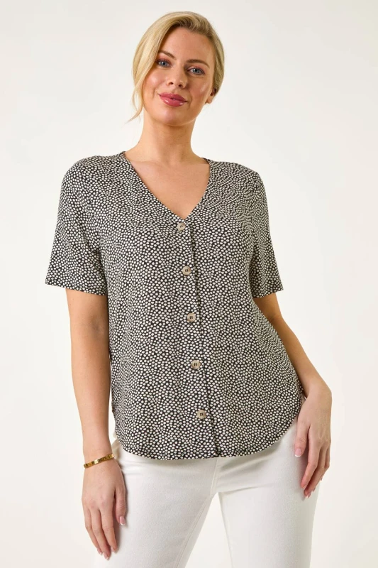 Image of Roman Womens Petite Spot V-Neck Stretch Blouse in Black Size: 16 Black Female 16