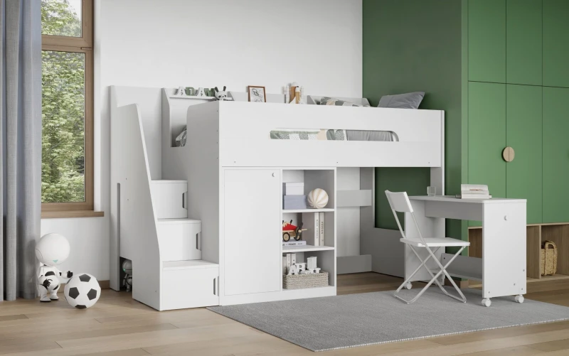 Image of Flair Stepaside Staircase High Sleeper Workstation in White Size: Single White Unisex Single