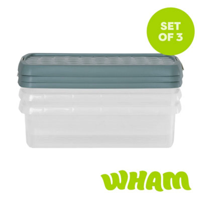 Image of Wham Clip 3 X 7L Rectangular Plastic Storage Boxes With Clip Lock Lids. Ideal For Home, Office, Toys & More - Clear/green Milieu