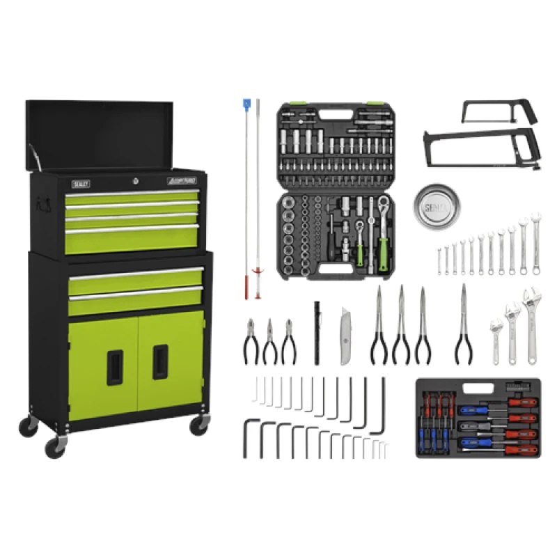 Image of Sealey American Pro Topchest & Rollcab Combination 6 Drawer with Ball-Bearing Slides - Green/Black & 170pc Tool Kit AP22HVGCOMBO