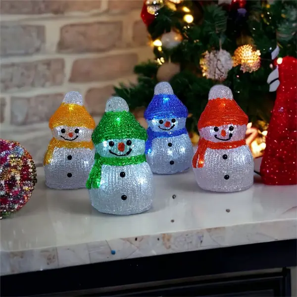 Image of Set of 4 Acrylic Outdoor/Indoor Christmas Snowmen Battery Powered with Timer and 8x4 LED Light's ELV-046758