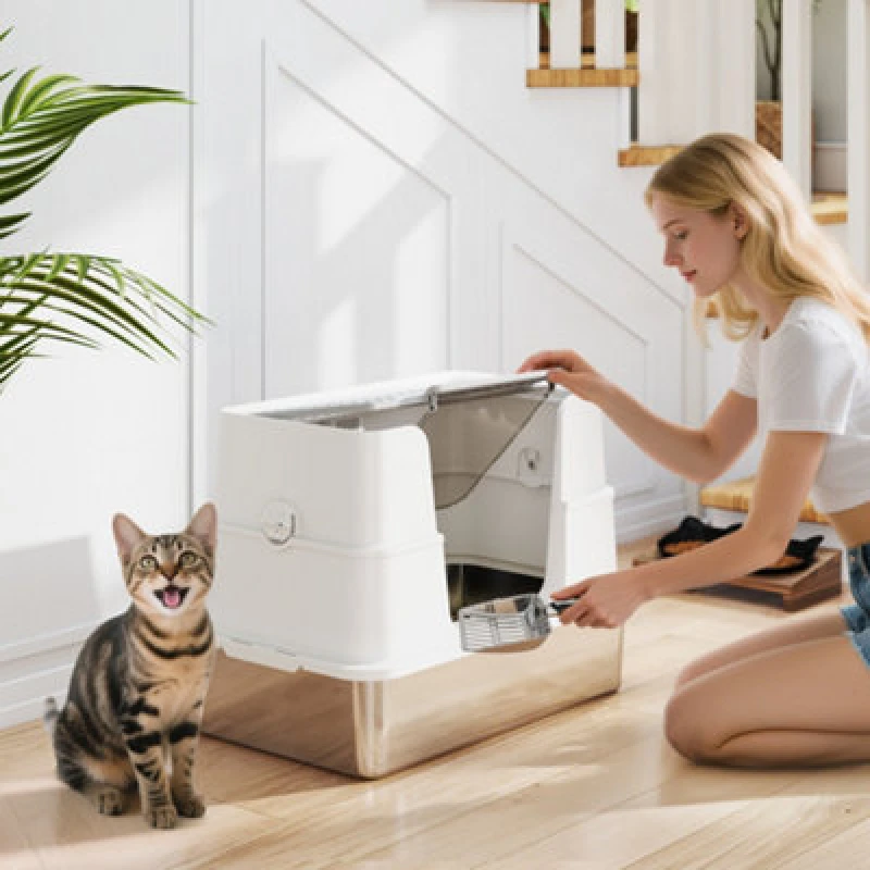 Image of Pawhut Stainless Steel, Xl Cat Litter Tray, Dual Entry, Light Grey