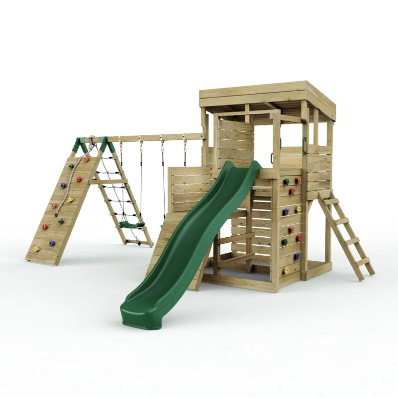 Image of OutdoorToys 2 Tier XL Lookout Tower with Double Swing & Climbing Wall in Brown Brown Unisex