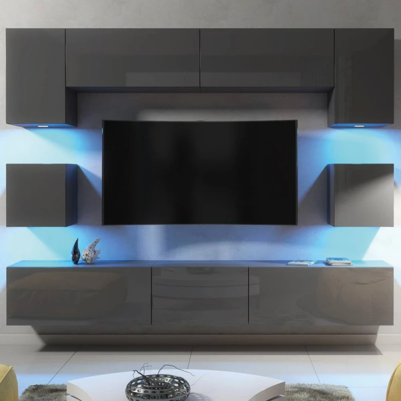 Image of Creative Furniture Panorama Wall TV Unit - Dark Grey with Gloss Doors & LED Lights Dark Grey Unisex