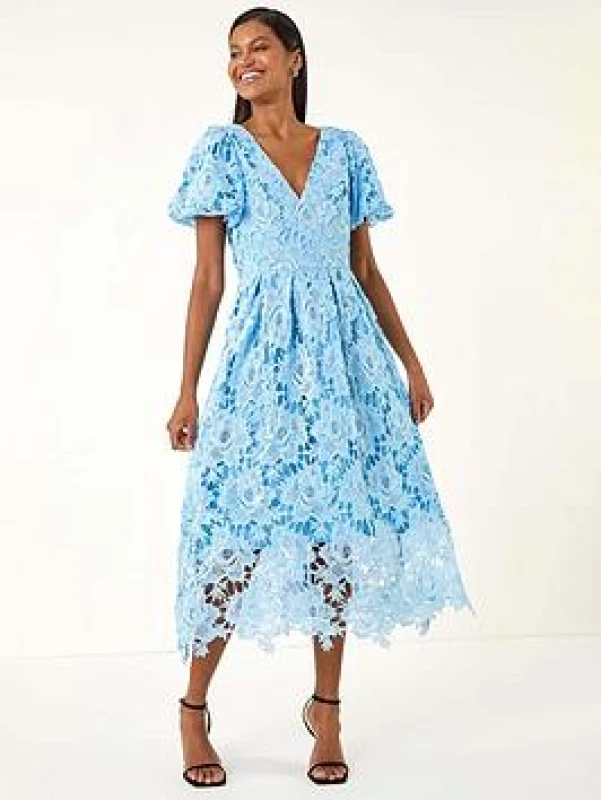 Image of Roman Womens Premium Crochet Lace Midi Dress in Blue Size: 18 Blue Female 18