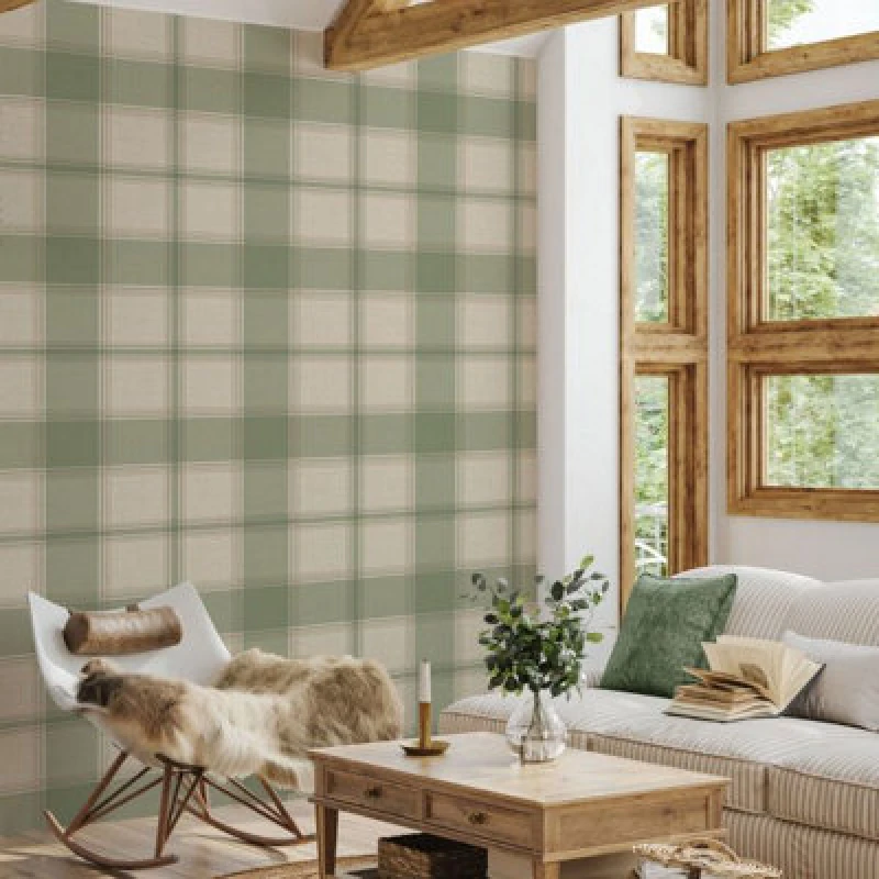 Image of Carmella Check Textured Heavyweight Vinyl Wallpaper Green Belgravia 7159