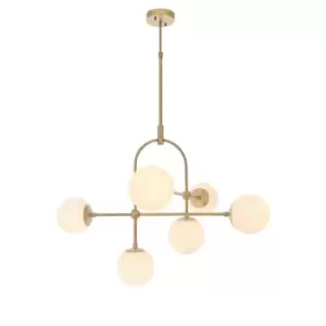 Image of Antique Brass Multi Arm Ceiling Light & Opal Glass Shade 6 Bulb Hanging Pendant