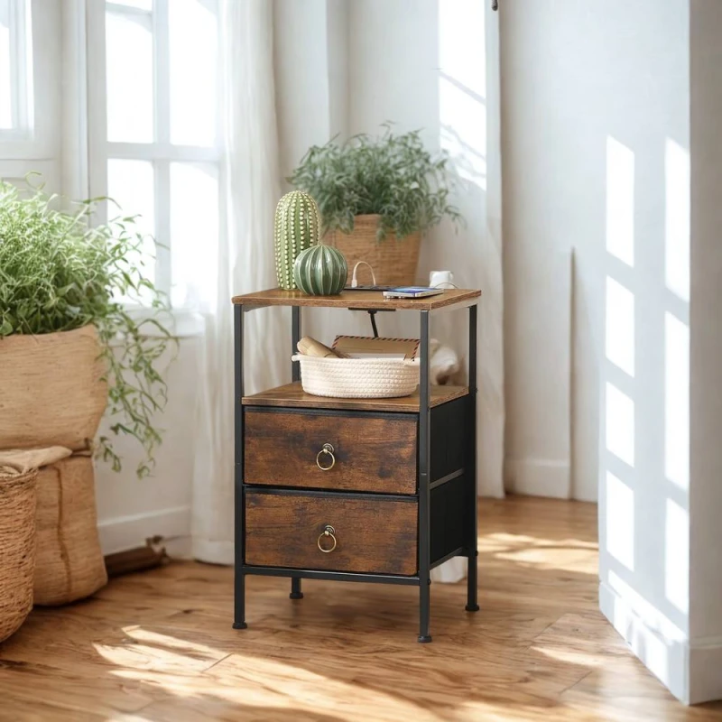 Image of FURNOS Smart Bedside End Table With Drawers, USB Ports in Brown Brown Unisex